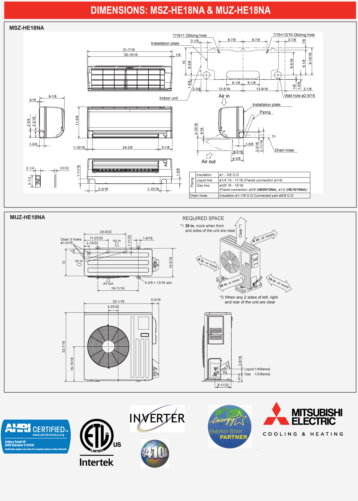 Mini Split 18,000 BTU Mitsubishi 18 SEER Heat Pump System MUZHE18NA ...