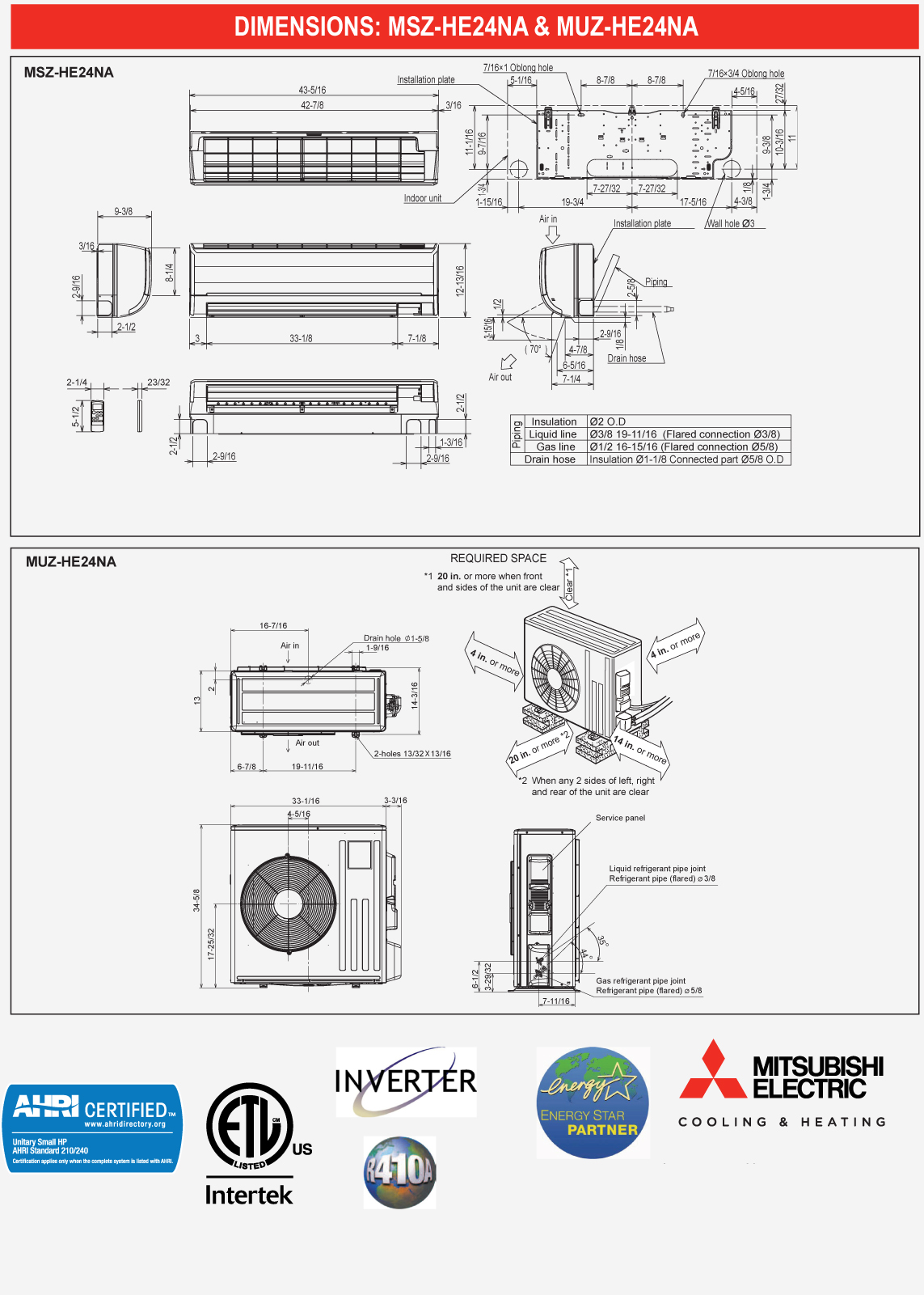 Mini Split 24,000 BTU Mitsubishi 18 SEER Heat Pump System MUZHE24NA