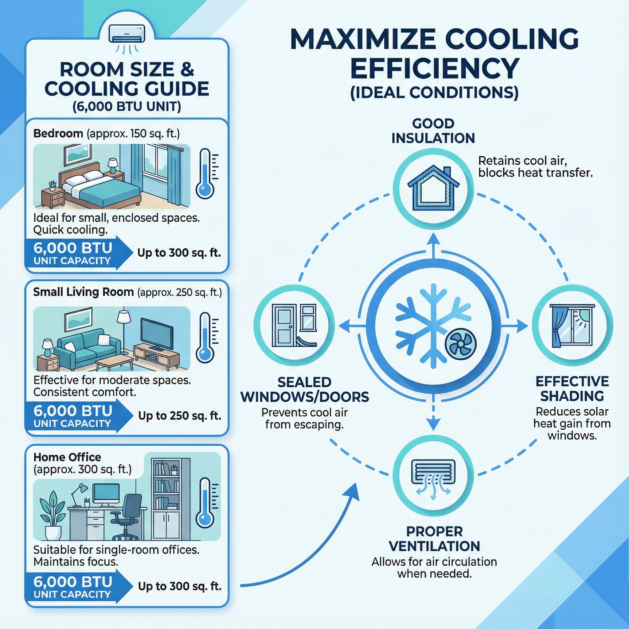 An informative infographic illustrating the cooling capacity of a 6,000 BTU air conditioner in relation to different room siz