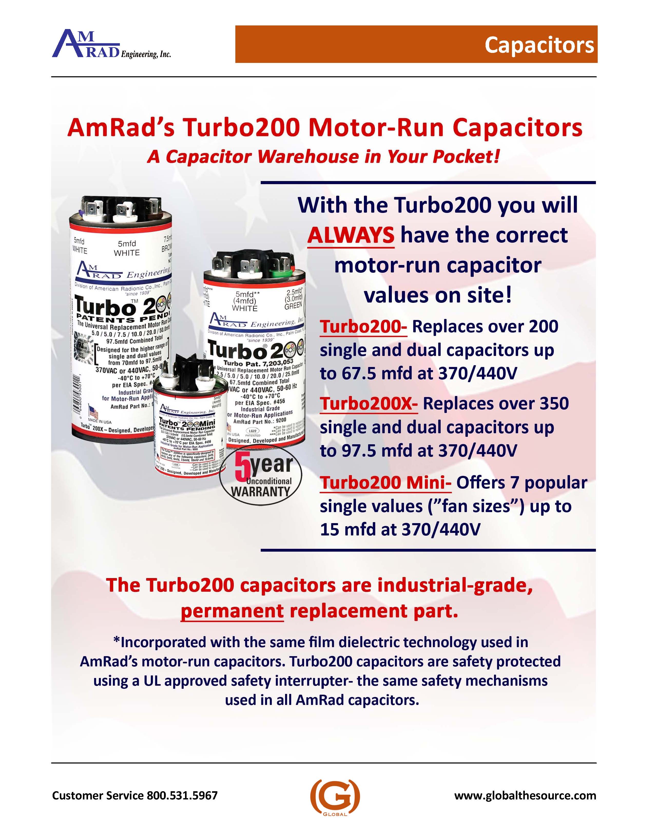 Capacitor Single or Dual Section 2.5MFD to 67.5MFD 370/440VAC Amrad Turbo 200