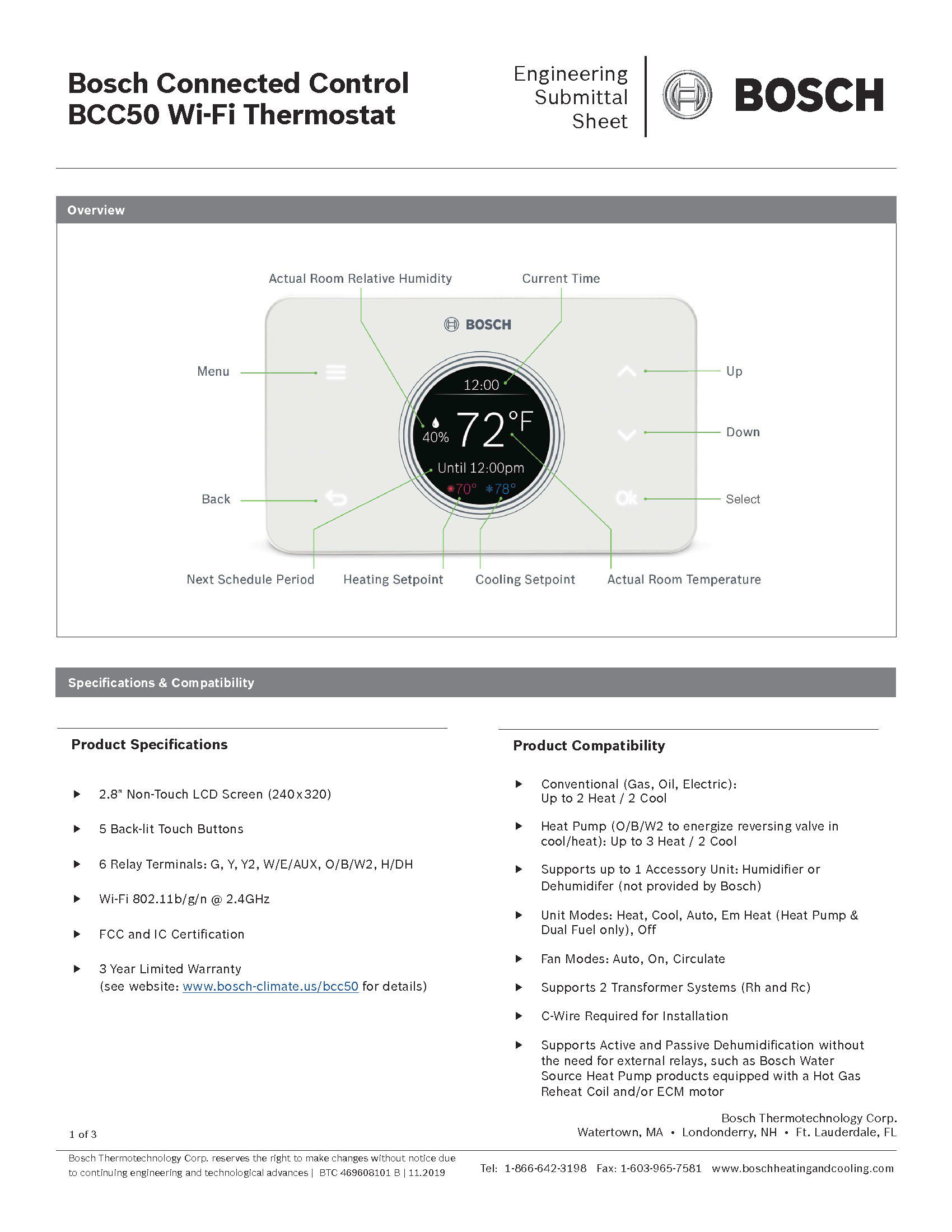 Bosch WiFi Touchscreen 3H/2C Thermostat, BCC50