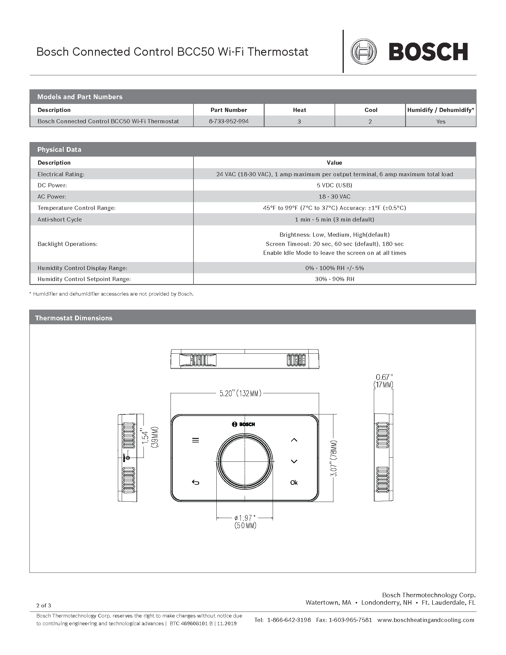 Bosch WiFi Touchscreen 3H/2C Thermostat, BCC50