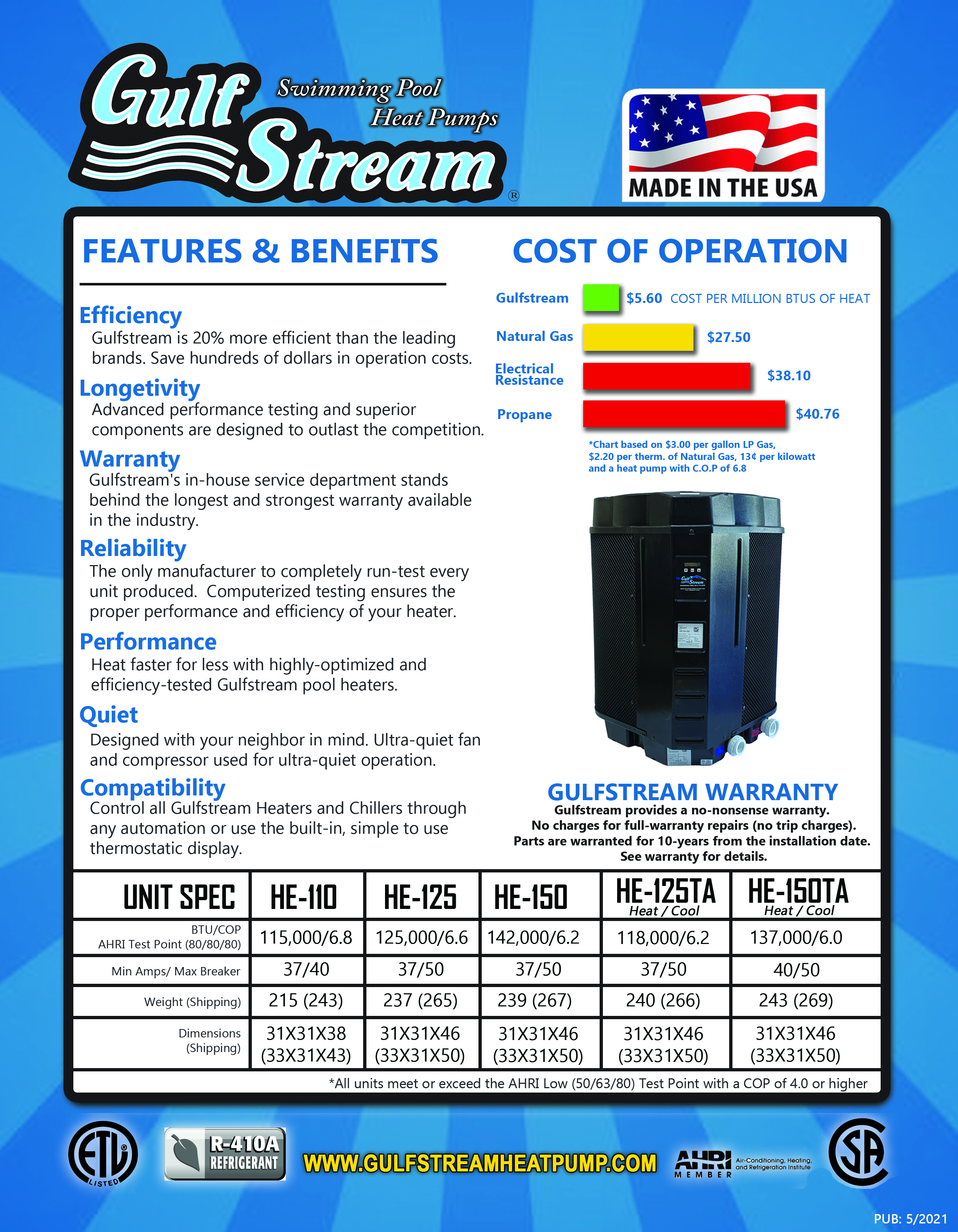 GulfStream Pool & Spa Heat Pump 142,000 BTU Electric Heater HE150-RA (F)