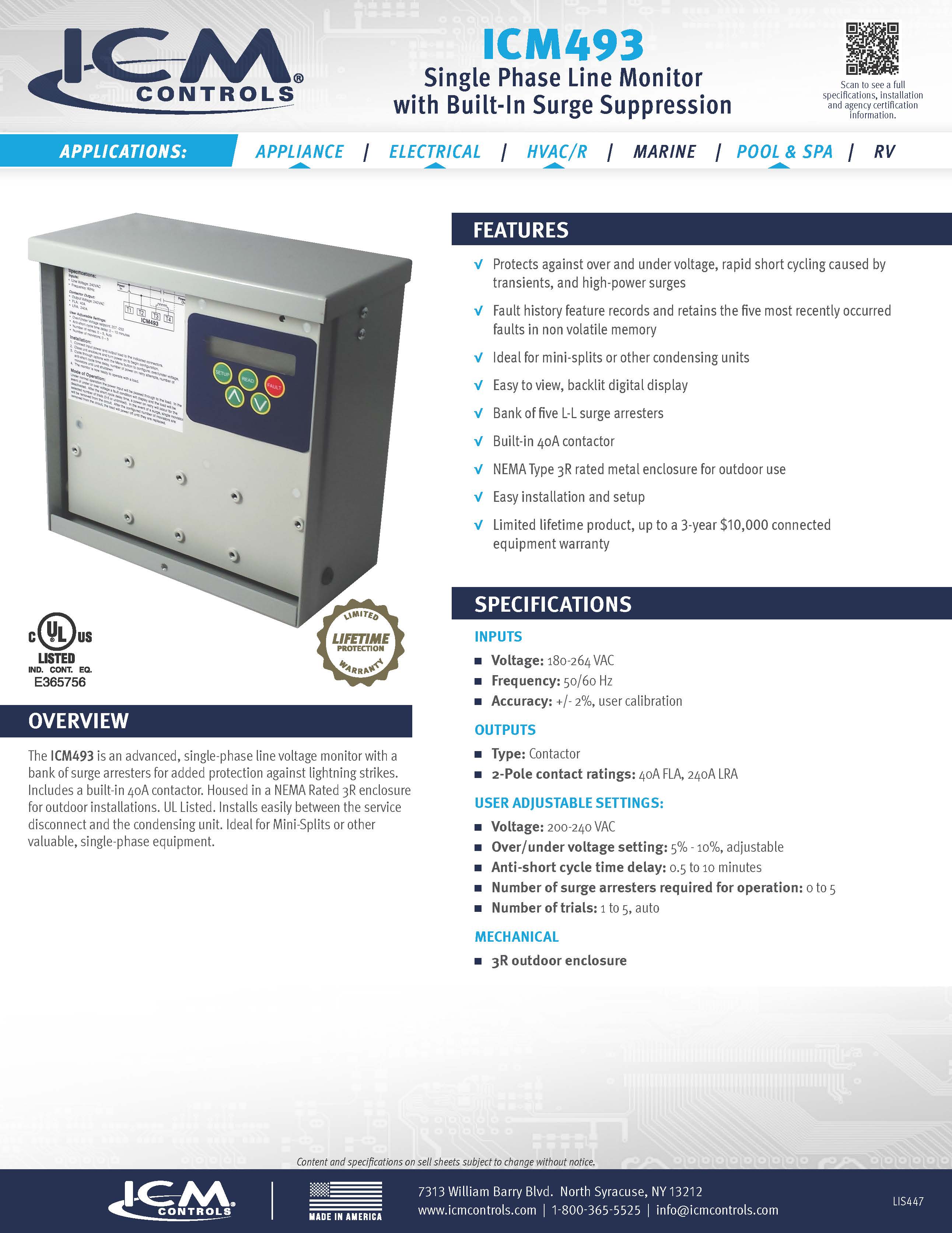 ICM Controls Single Phase Adjustable In-Line Voltage Monitoring & Surge Protection System 40Amp, ICM493