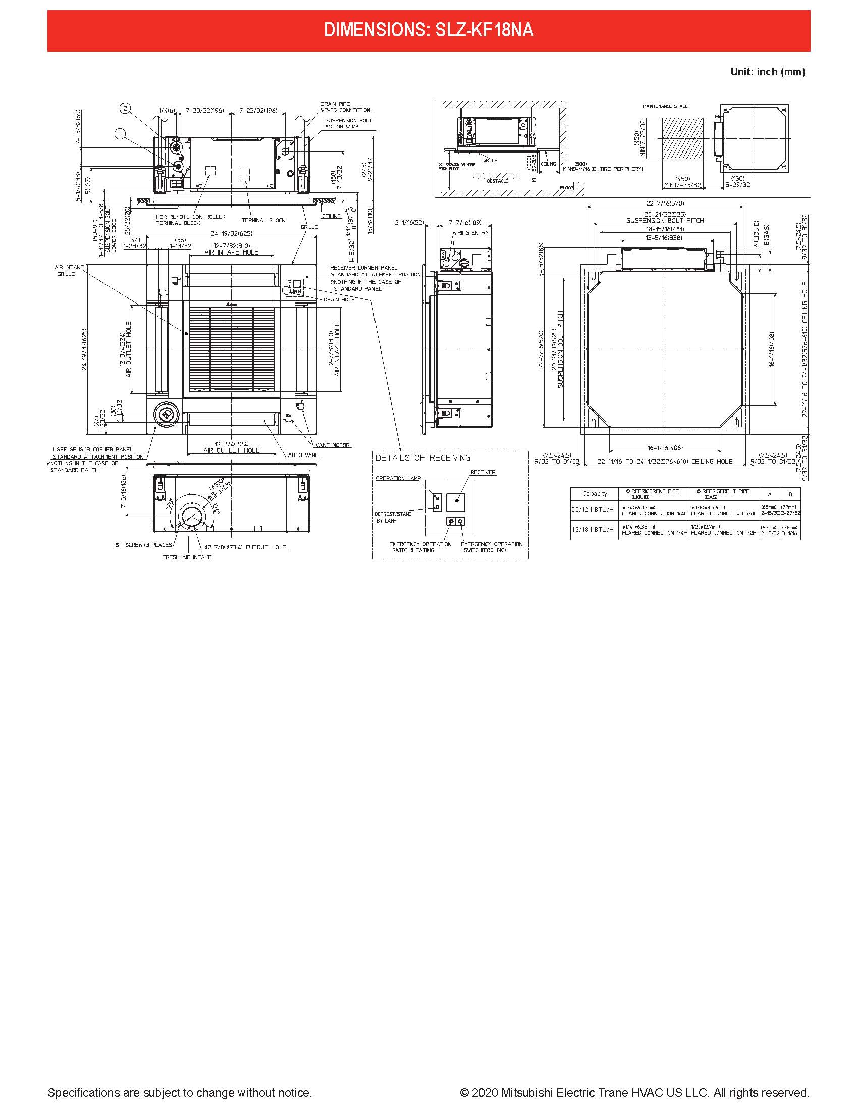 Mini Split 18,000 BTU Mitsubishi 20.7 SEER Ceiling Cassette Heat Pump System SUZ-KA18NA2, SLZ-KF18NA, SLP-18FAU (Closeout Special)(1235/1835)(T)