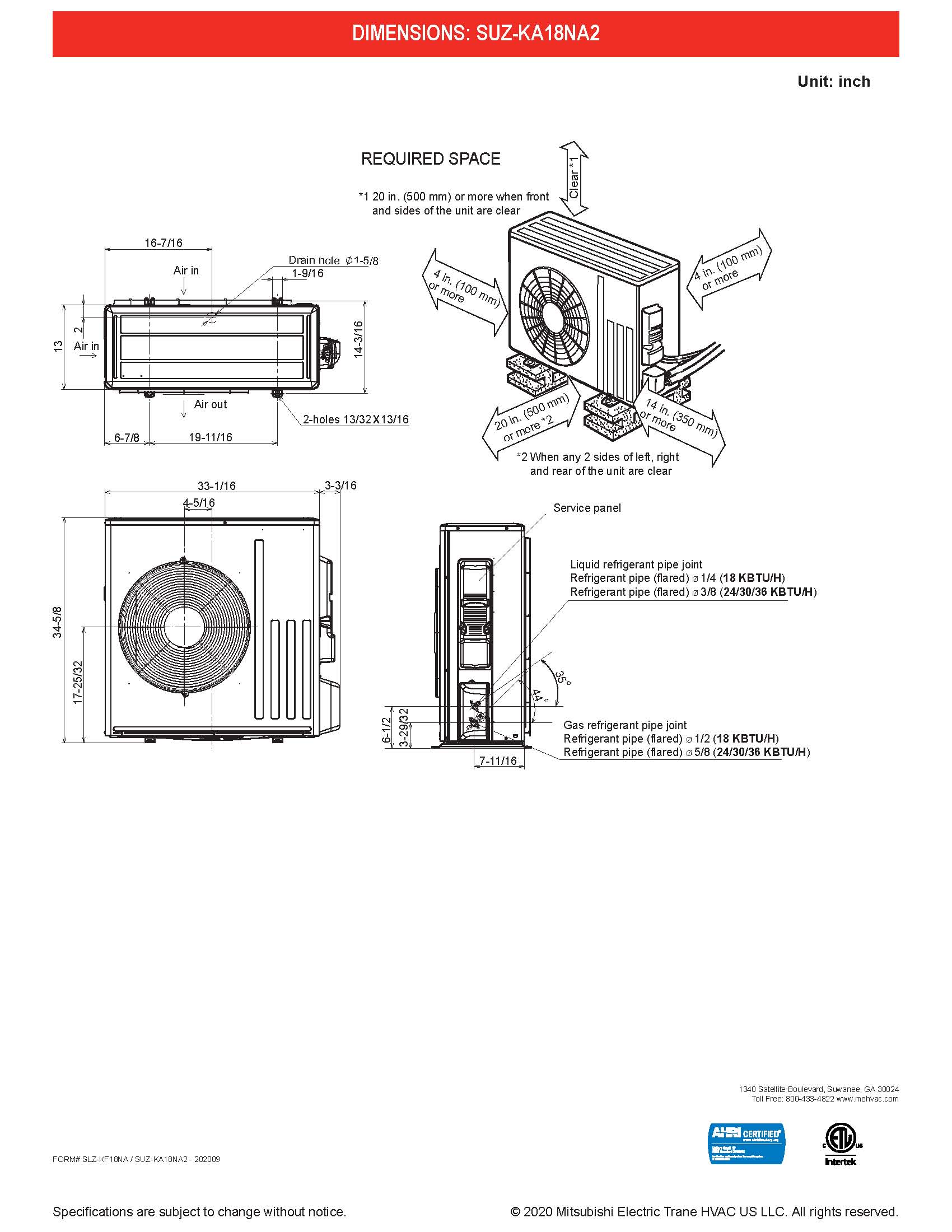 Mini Split 18,000 BTU Mitsubishi 20.7 SEER Ceiling Cassette Heat Pump System SUZ-KA18NA2, SLZ-KF18NA, SLP-18FAU (Closeout Special)(1235/1835)(T)