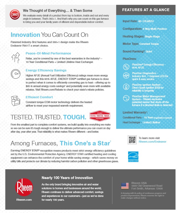 Rheem 95% Single Stage 40K BTU Gas Furnace R951T0403A17M4SNAS