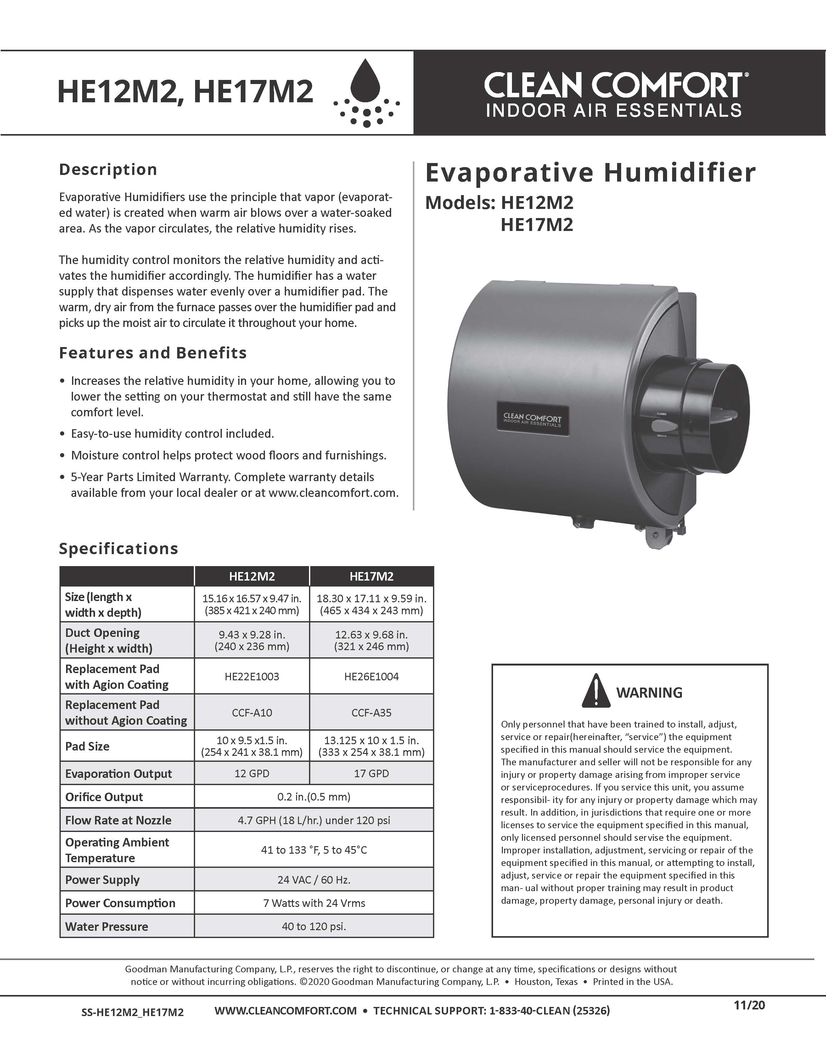 Evaporative Humidifier Whole-House Clean Comfort Model HE17M2