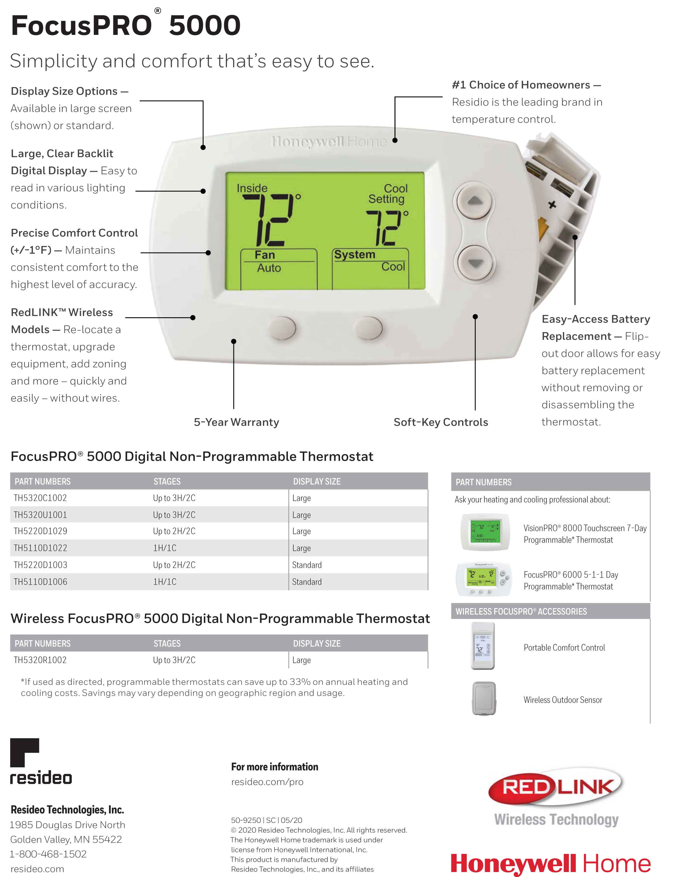 Honeywell Thermostat NonProgrammable 2H/1C Heat Pump or 2H/2C