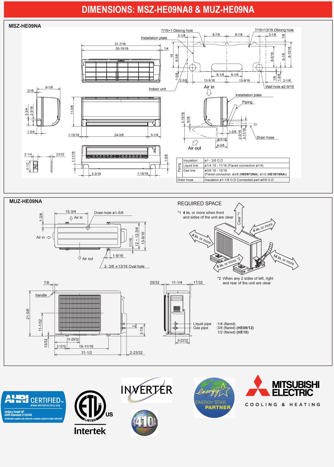 Mini Split 9,000 BTU Mitsubishi 18 SEER H2i Heat Pump System MUZHE09NA ...