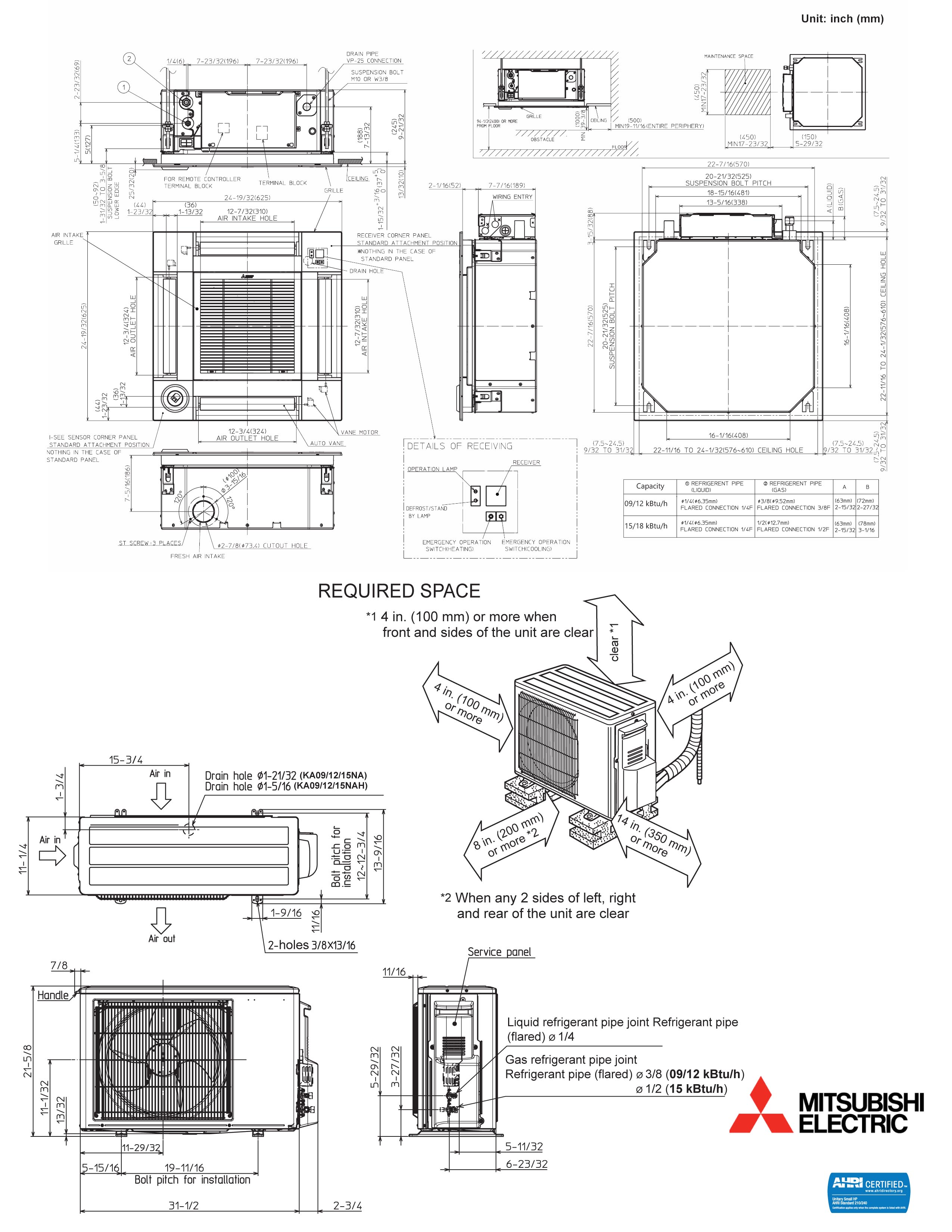 mitsubishi ceiling cassette sizes